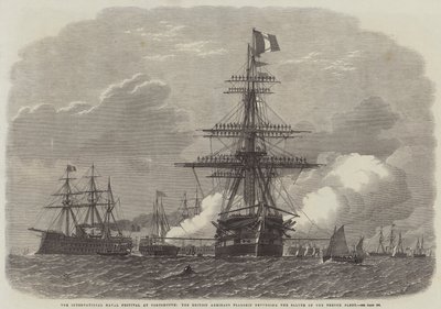 Het Internationale Marinefestival in Portsmouth, het vlaggenschip van de Britse admiraal beantwoordt het saluut van de Franse vloot door Edwin Weedon